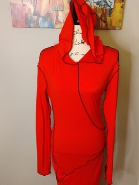 Red Hooded Long Sleeve Top with Contrast Overlock Detail